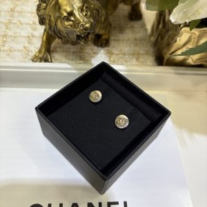 𝑪𝒉𝒂𝒏𝒆 * 24B New Model, Openwork Double C Water-Crystal Button Mini Earrings, Light Gold Color.