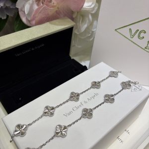 Van Cleef & Arpels White Gold Laser-Engraved Four-Leaf Clover Multi-Chain Bracelet