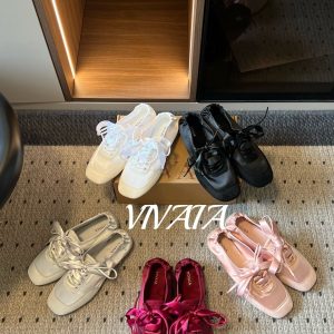 Vivai*26ss Summer New Collection: Ribbon-Trimmed Square-Toe Ballet Shoes in Black