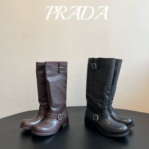 Prad*26ss Summer New Collection Double Buckle Retro High-Topped Knight Boots