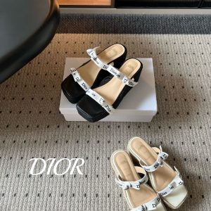 Dio*26ss Summer New Model with Bow Tie, Letter-Embroidered Woven Cord, Grass-Woven Wedge Sandals