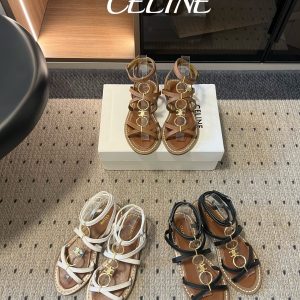 Celin*26ss Summer New Collection Retro Metal Ring Roman Flat Sandals