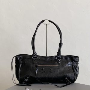 Ba1enciaga East/West baguette crossbody bag, black color.