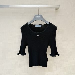 Prad*26 New Black Lace Edge Knit Short-Sleeve Base Layer Top